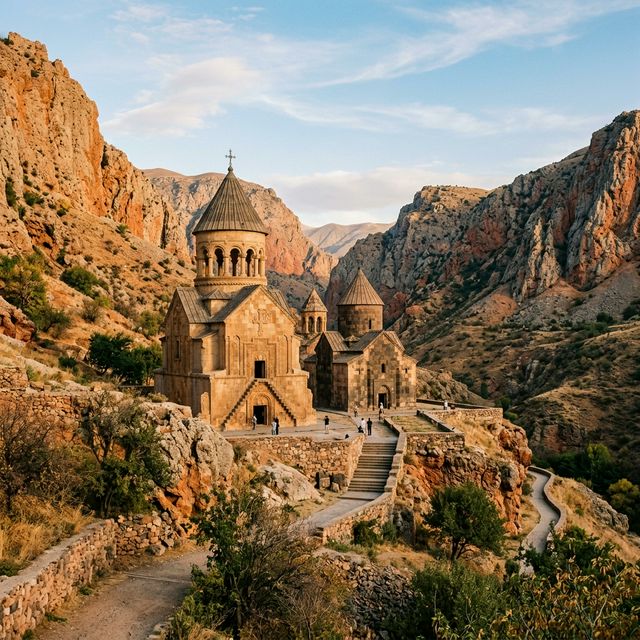 Noravank Monastery surrounded by red cliffs in Armenia